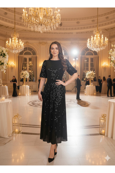 Moda Palmiss Γυναικείο μαύρο βραδινό φόρεμα με παγιέτες σε μήκος midi - Φόρεμ...