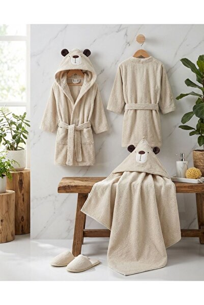 Bebitof Unisex Bear Pattern Hooded Bathrobe Set - 100% Cotton