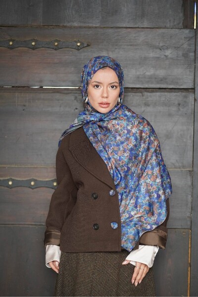 Ayshara Violet Floral Patterned Double-Sided Shawl - Blue