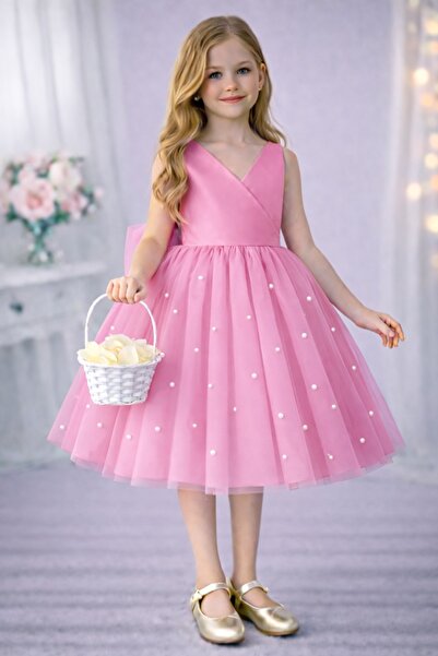 SUNEH Κοριτσίστικο φόρεμα σε ροζ καραμελένιο χρώμα με λεπτομέρεια από πέρλες,...