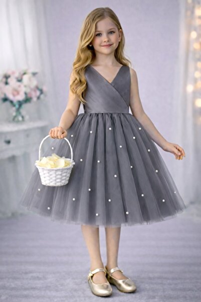 SUNEH Kız ÇocukEteği Gri İnci Detaylı Anvelop Yaka Mini Sade Balo & Doğum Gün...