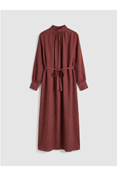 LC Waikiki M1 Season Brown Mock Neck Belted Oversized Ruched Dress