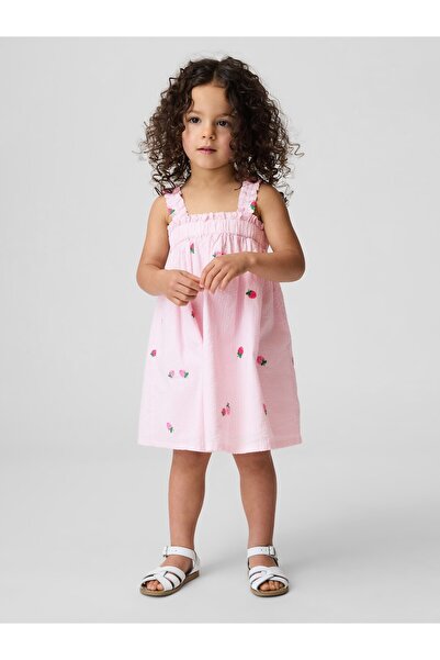 GAP Kız Bebek Açık Pembe Seersucker İşlemeli Elbise