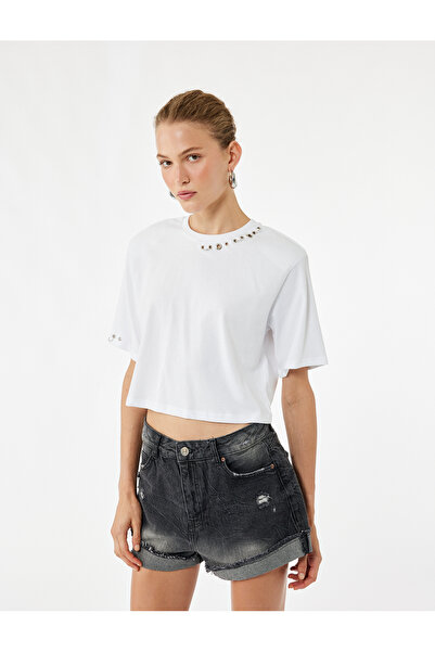 Koton X Zeynep Bastık - Crew Neck Short Sleeve Crop T-Shirt with Metal Access...