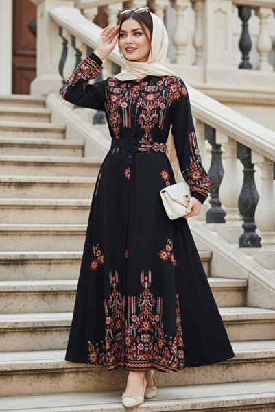 N.S NEVA STYLE Floral Patterned Black Hijab Dress 24084S