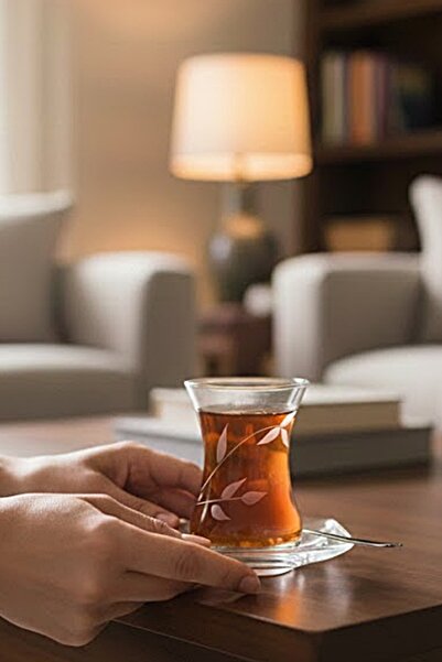 DECOSTYLE Ivy-Decorated Paşabahçe Tea Set with Thin Bell-Shaped and Square Pl...