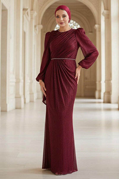 N.S NEVA STYLE Drape Detailed Burgundy Hijab Evening Dress 55172Br