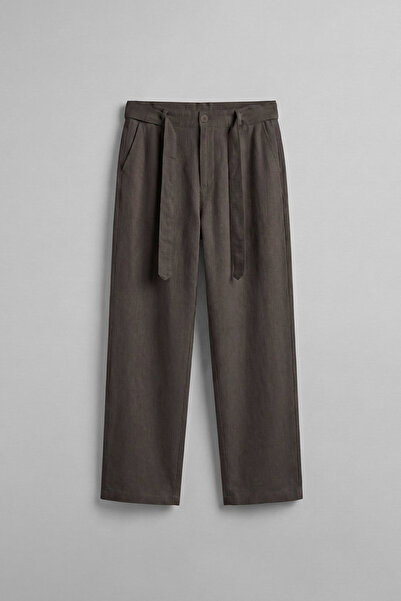 ablukaonline Men's Baggy Belted Elastic Waist Cotton Trousers Brown