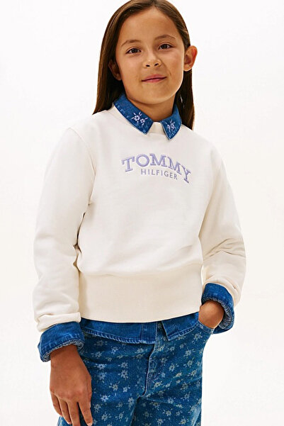 Tommy Hilfiger Kız Çocuk Logolu Nakışlı Bisiklet Yaka Sweatshirt - Kırık Beyaz