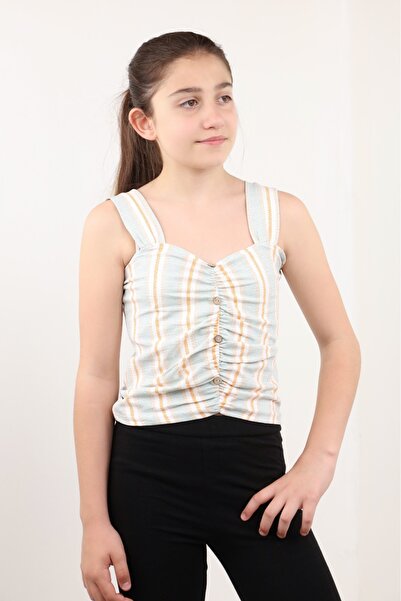 Toontoy Girl's Striped Square Neck Buttoned Gathered Undershirt