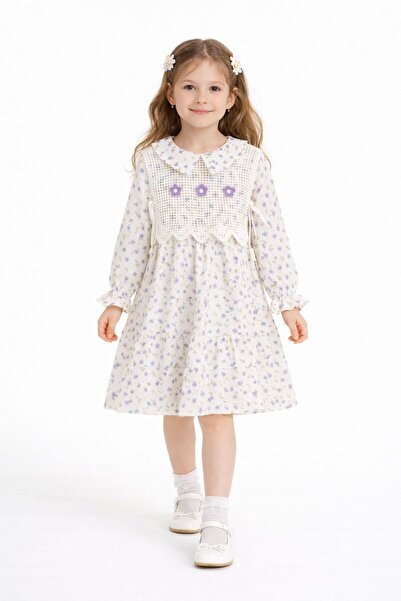 Cansın Mini Girl's Muslin Dress with Lilac Floral Patterned Embroidered Sweat...