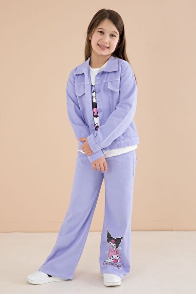 Cansın Mini Girl's 3-Piece Pants Set with Lilac Pocket Detailed Jacket and Pr...