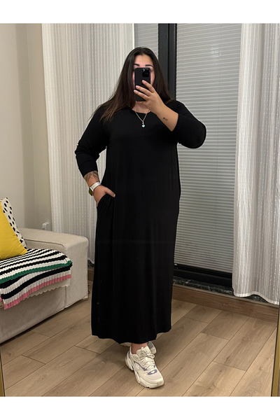 PASTEL BUTİK Gizli Cep Basic Esnek Penye Elbise - Siyah