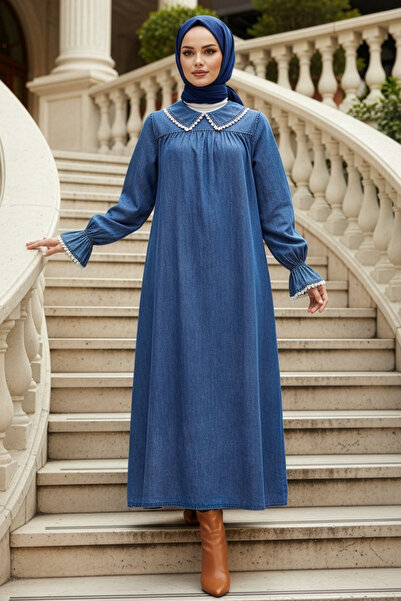 N.S NEVA STYLE Βρεφικό φόρεμα με γιακά τζιν σκούρο μπλε με χιτζάμπ 19123KM