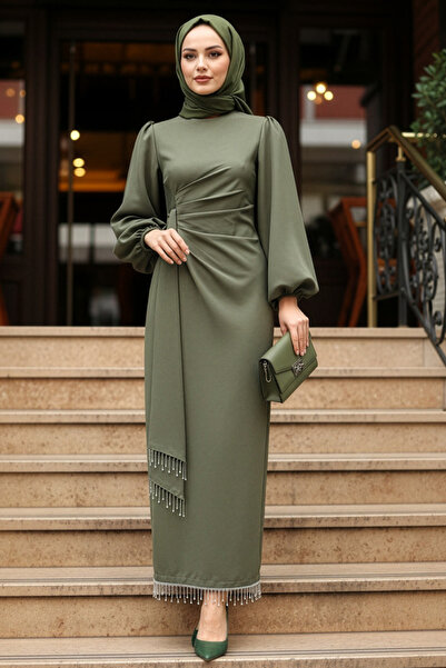 N.S NEVA STYLE Balon Kol Khaki Tesettür Evening Dress 62251Hk