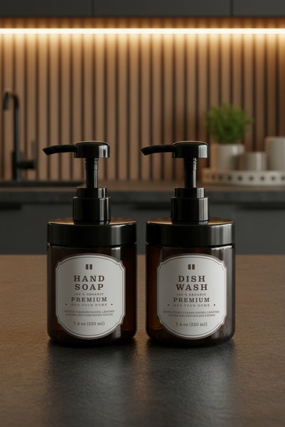 Kloppenhug Set of 2 Amber Glass Soap Dispensers 220ml - Dishwashing Liquid Dispenser and Liquid Soap Dispenser Bottle 220Hdgg