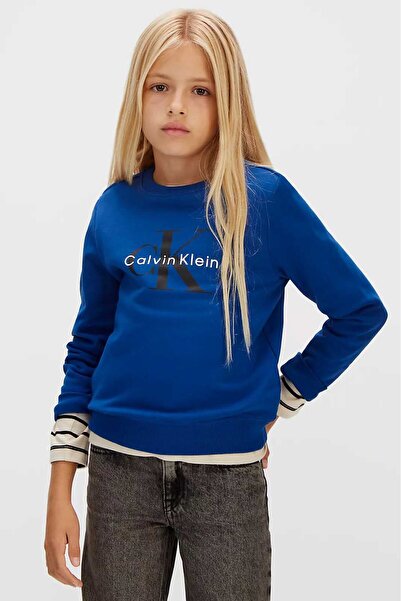 Calvin Klein Unisex Çocuk CK Monogram Terry CN Sweatshirt - Mavi