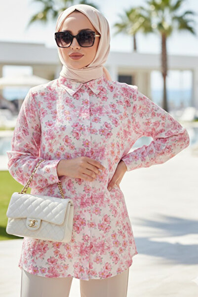 N.S NEVA STYLE Floral Patterned Pink Hijab Tunic 26608P