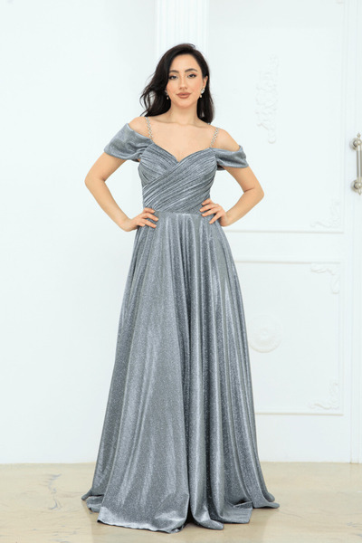 BEYBOS Glitter Crepe Fabric Gathered Strap Evening Dress - Silver