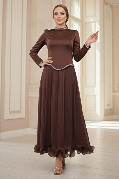 N.S NEVA STYLE Beaded Detailed Brown Hijab Evening Dress 54981Kh