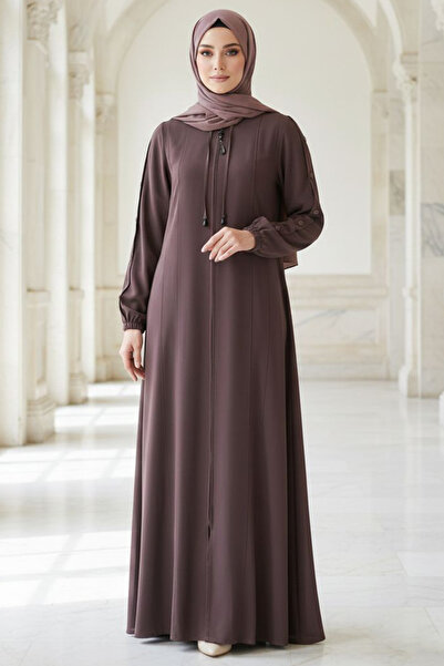 N.S NEVA STYLE Zippered Brown Hijab Robe 45320Kh
