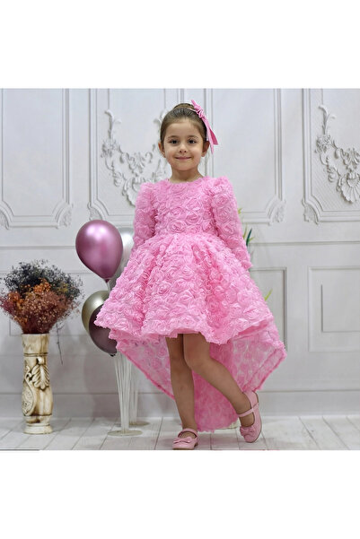 ELLUSSİ Kız Çocuk Pembe Gül Desenli Kuyruklu Uzun Kol Elbise Abiye