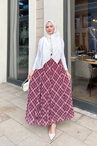 LOCCO Women's Sewing Detail Ethnic Pattern Elastic Waist Chiffon Skirt Fuchsia