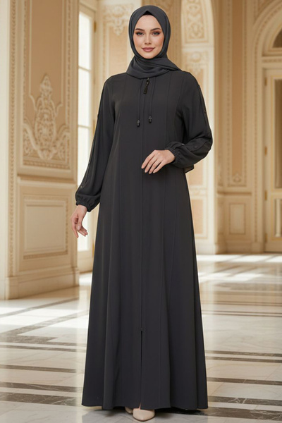 N.S NEVA STYLE Zippered Dark Smoked Hijab Robe 45320Kfu