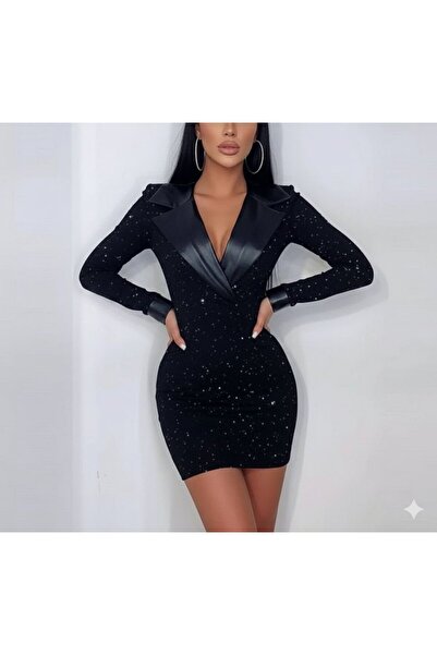 Turega Style Women's Leather Detailed Cuff Collar Glittering Fukara Fabric Mi...