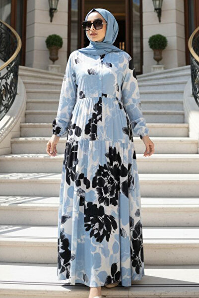 N.S NEVA STYLE Patterned Baby Blue Hijab Dress 24017Bm