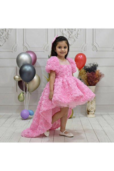 ELLUSSİ Kız Çocuk Pembe Gül Desenli Kuyruklu Kısa Kol Elbise Abiye