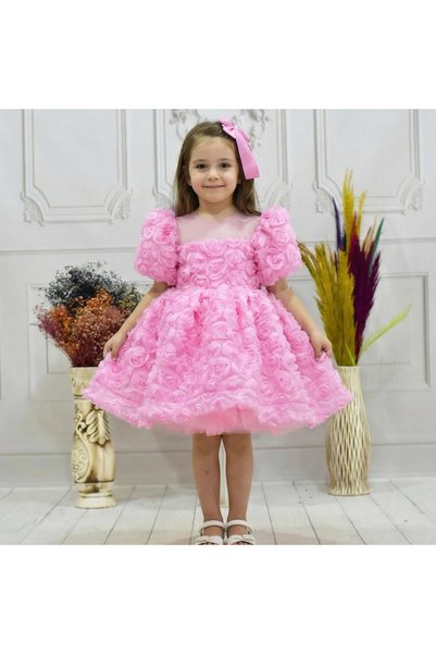 ELLUSSİ Kız Çocuk Pembe Gül Desenli Kısa Balon Kol Kabarık Elbise