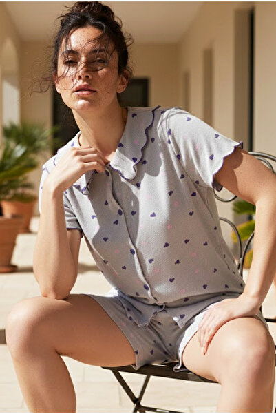 Siyah İnci Gray Heart Patterned Collared Buttoned Ribbed Camisole Knitted Sho...