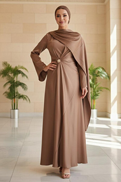 N.S NEVA STYLE Camel Hijab Satin Evening Dress with Cape 53682C