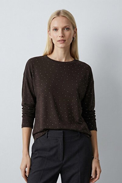 Rays 8256 Bluză cu mânecă lungă și aplicații de piatră, maro bitter