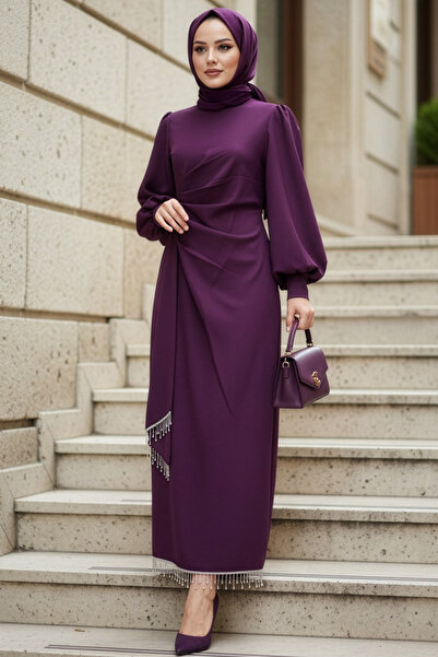 N.S NEVA STYLE Balloon Sleeve Plum Hijab Evening Dress 62251Mu