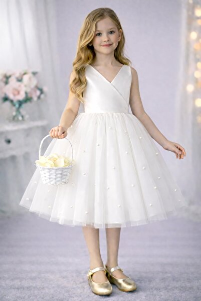 SUNEH Kız Çocuk Beyaz Eteği İnci Detaylı Anvelop Yaka Mini Sade Balo & Doğum ...