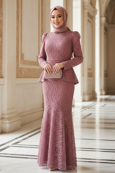 N.S NEVA STYLE Lace Dusty Rose Hijab Evening Dress 55521Gk