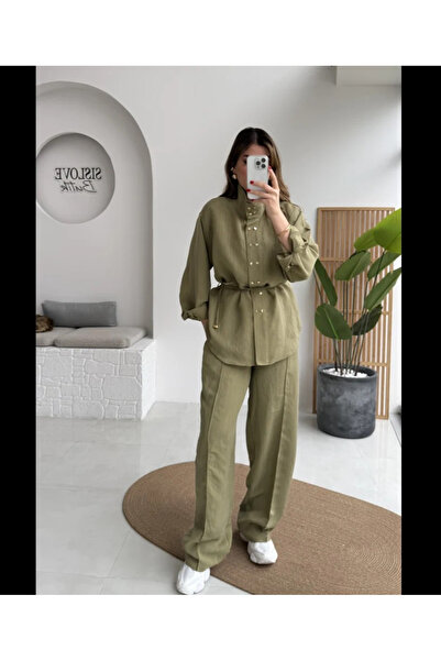 My Blog Khaki Square Gold Buttoned Shirt and Trousers Set - 51298