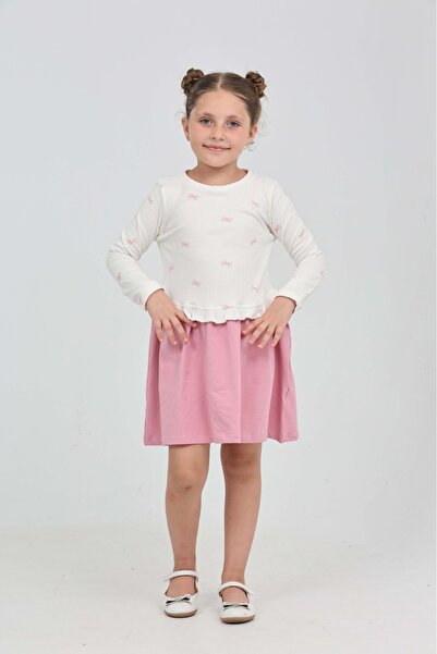 Toontoy Girl's Printed Relax Fit Crew Neck Long Sleeve Dress - Color Block