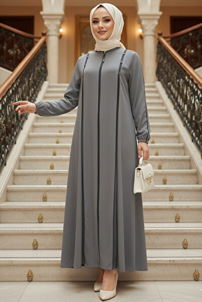 N.S NEVA STYLE Zippered Gray Hijab Robe 45316Gr