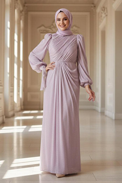 N.S NEVA STYLE Drape Detailed Powder Hijab Evening Dress 55172Pd