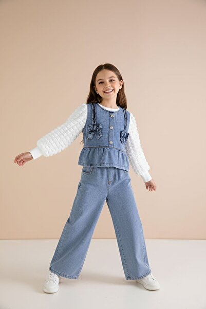 Cansın Mini Blue Bow Detailed Girls' 3-Piece Jean Set 23414
