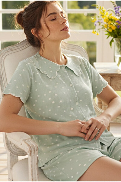 Siyah İnci Green Dots Patterned Collared Buttoned Ribbed Camisole Knitted Sho...