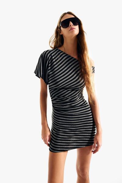 Bershka Asimetrik çizgili mini elbise