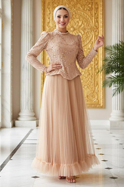 N.S NEVA STYLE Beaded Embroidered Beige Hijab Evening Dress 55041Bej