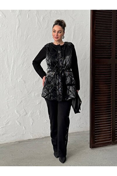 BRGCLOTHING Inflatable Vest with Stone Decoration, Bluz Pants 3-Piece Set