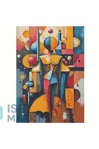 Elmas Boyama Seti - Geometrik Karakter Soyut Figür Tam Yuvarlak Taşlı DIY 30x40 cm