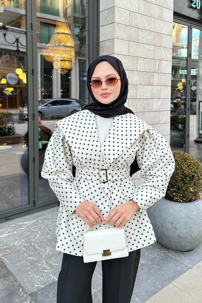 LOCCO Women's Baby Collar Polka Dot Belted Jacket White