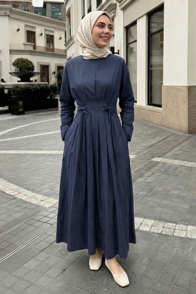 InStyle Pileli Kuşaklı İndigo Elbise